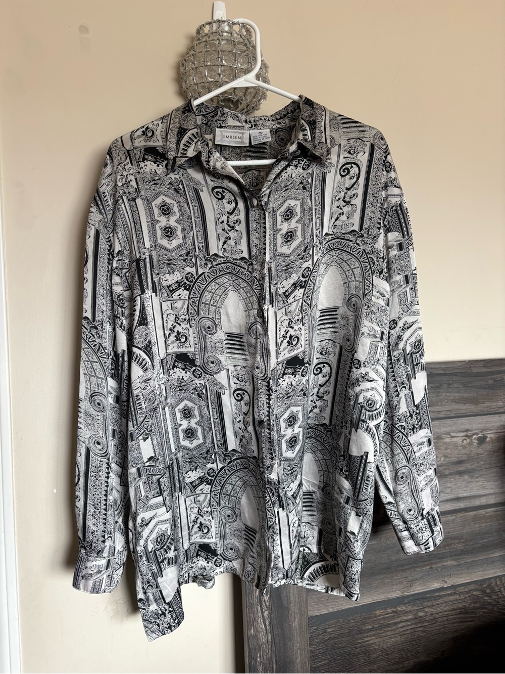 Emblem Women's Black & White Silk Button-Down Shirt - Picture 2 of 3